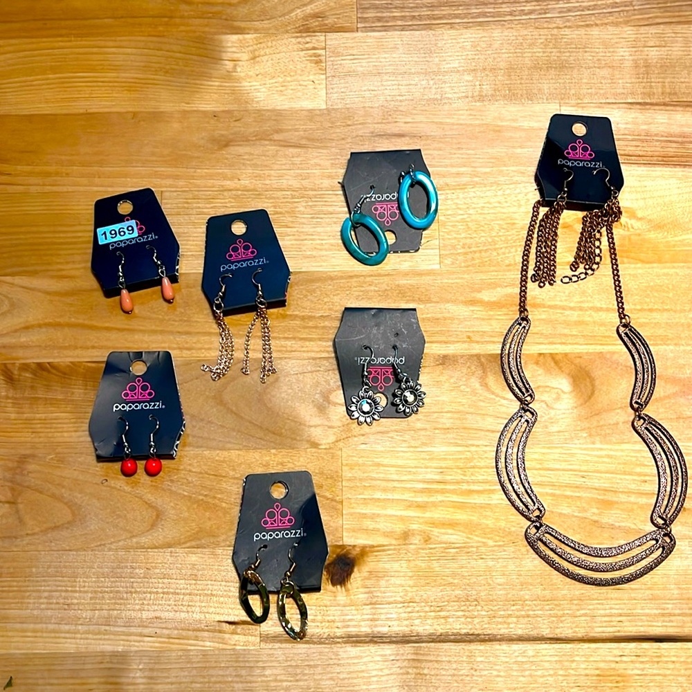 6 Paparazzi earrings and one necklace